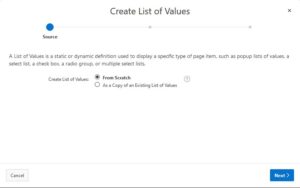 Pantalla de creación de lista de valores
