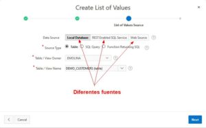 Pantalla de creación de lista de valores - Definición de origen