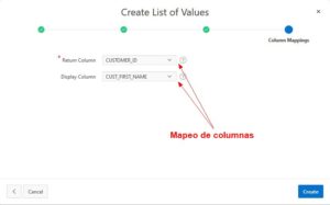 Pantalla de creación de lista de valores - Selección de columnas