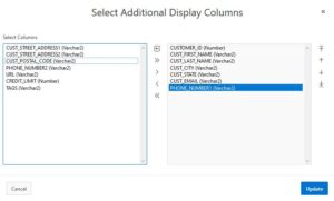 Pantalla de selección de columnas de lista de valores