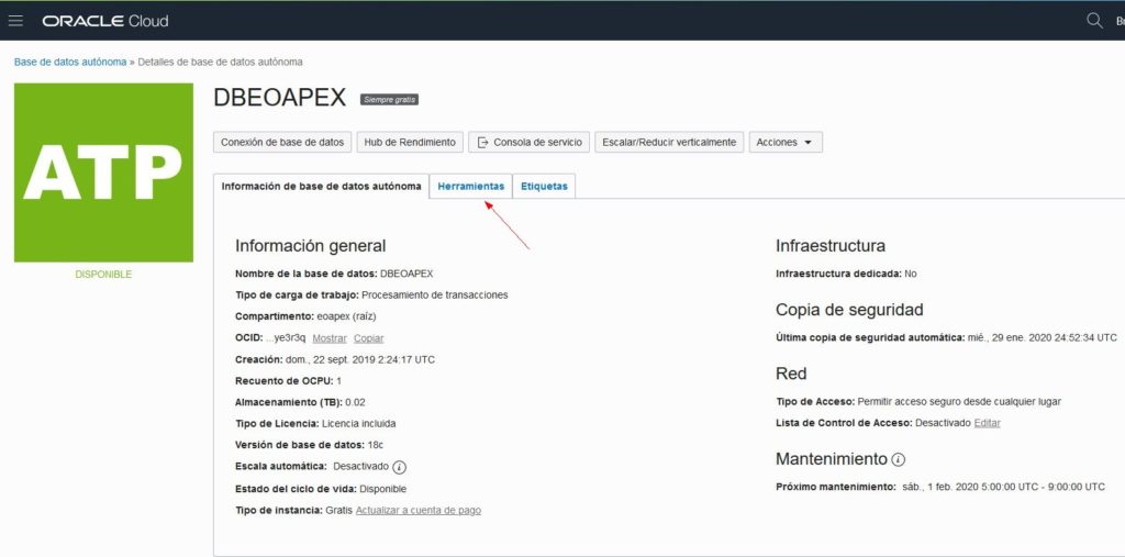 Oracle Cloud Free Tier Consola de base de datos