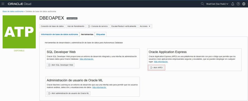 Herramientas en línea de base de datos Oracle Cloud Free Tier